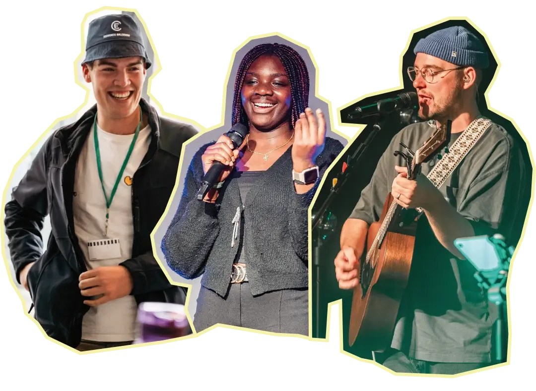 Drei junge Menschen bei Connect: lachend, am Mikrofon und mit Gitarre auf der Bühne